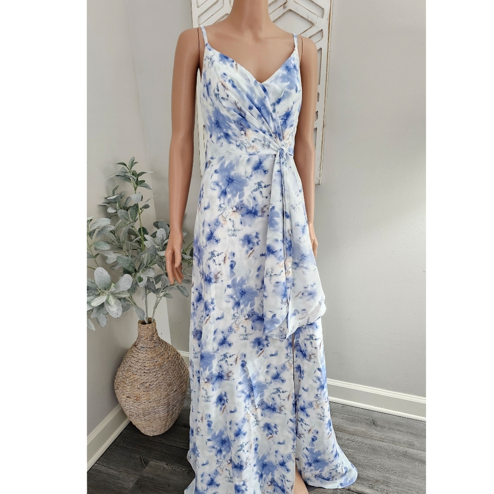 Zapaka Blue Floral Print Spaghetti Straps Formal Long Dress